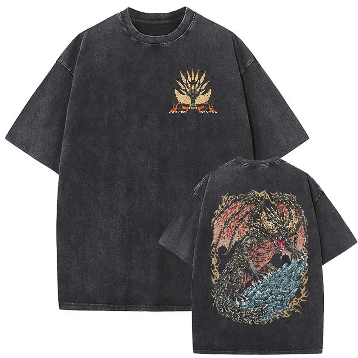 Retro Gaming T Shirt - Vintage Yıkamalı Monster Hunter Grafik Tişörtleri